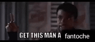 a man is standing in front of a window with the words `` get this man a fantoche '' written on the screen .