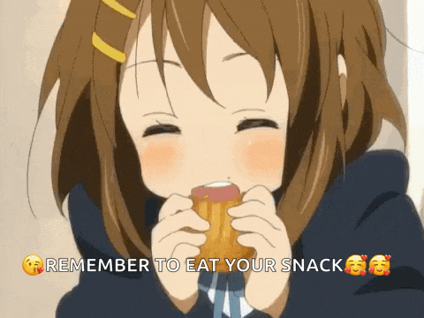 a girl is eating a snack with the words remember to eat your snack on the bottom