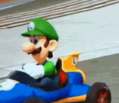a cartoon character named luigi is driving a blue race car