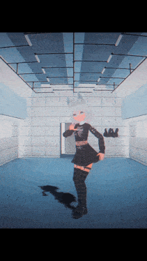a girl with white hair is dancing in a room with lockers