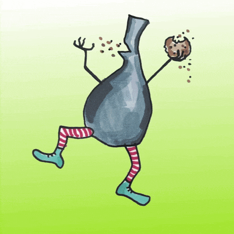 a cartoon drawing of a bottle with striped socks holding a cookie with a bite taken out of it