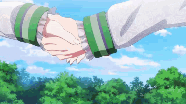 two people shaking hands in front of a forest