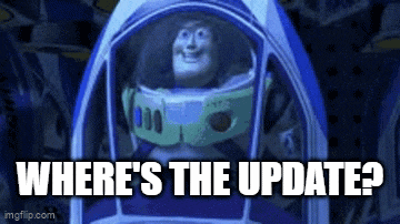 buzz lightyear from toy story is sitting in a spaceship with the words where 's the update written below him .
