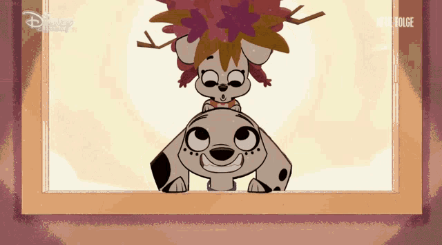 a cartoon of a dalmatian sitting on another dalmatian 's head with a disney logo in the corner