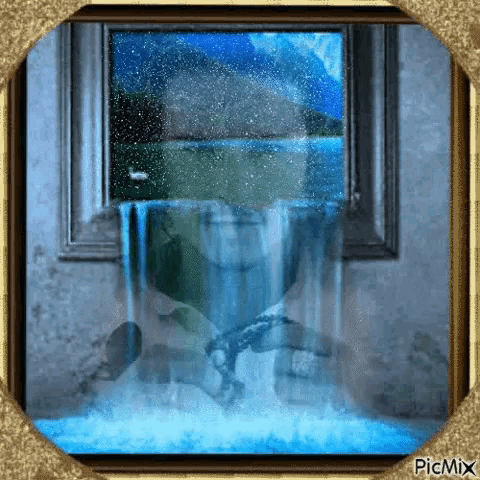 a picture of a waterfall with a picture of a man in the water