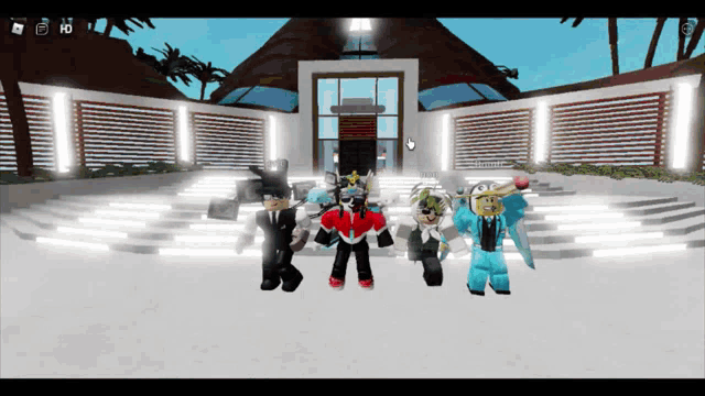a group of roblox characters standing in front of a building with the number 10 on the bottom right