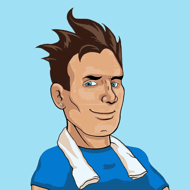 a cartoon drawing of a man wearing a gray shirt