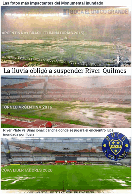a picture of a stadium with the words la lluvia obligo a suspender river quilmes