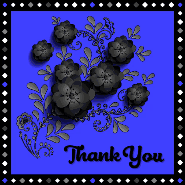 a blue thank you card with black flowers