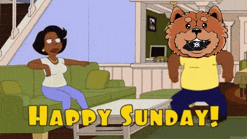 a cartoon of a woman sitting on a couch with the words happy sunday in yellow