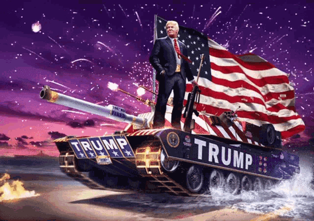 a painting of trump standing on top of a tank