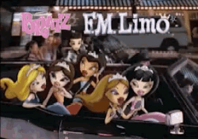 a group of bratz dolls are riding in a car with the words em limo behind them