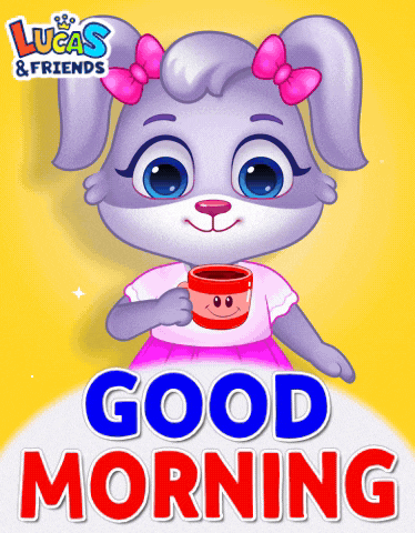 a lucas and friends greeting card with a bunny holding a cup of coffee