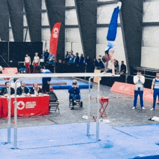 a gymnast is doing a handstand on a parallel bars in front of a table that says drive on canadian games