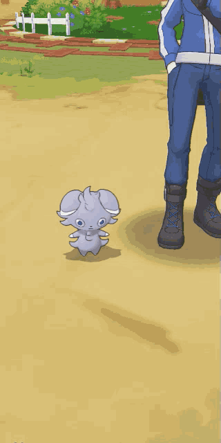 a cartoon character named calem is talking to a small purple animal
