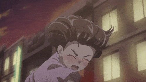 a girl in a purple shirt is running in front of a building with her mouth open
