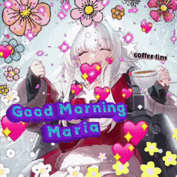 a picture of a girl holding a cup of coffee with the words " good morning maria "