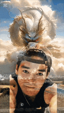 a picture of a man with a dragon behind him with the letter x in the corner