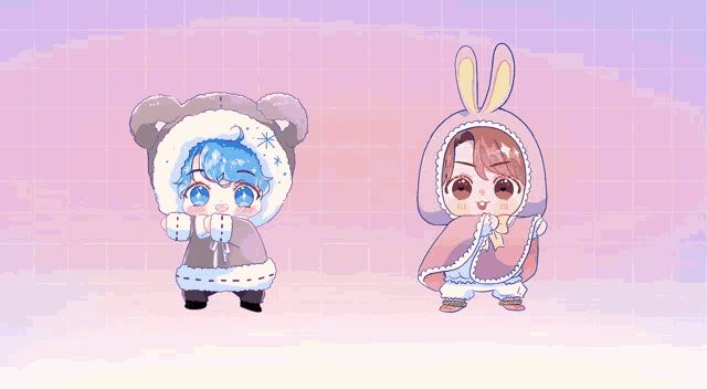 a cartoon of a bear and a rabbit with a purple background