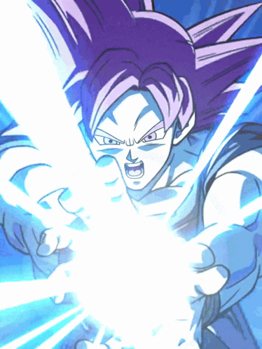 a drawing of a person with purple hair and a light coming out of their mouth