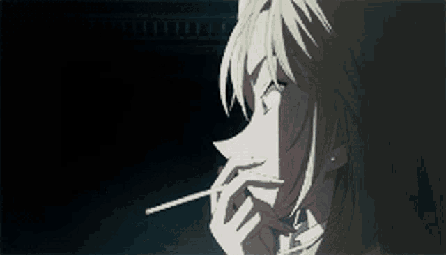 a blonde anime girl is smoking a cigarette in the dark