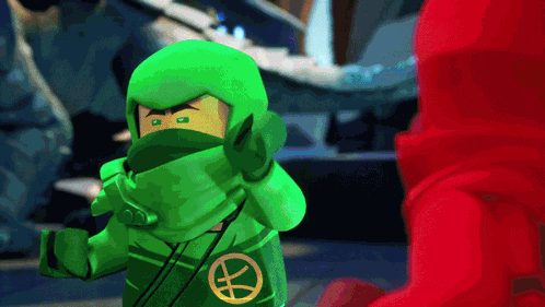 a green ninjago character with a yellow x on his chest