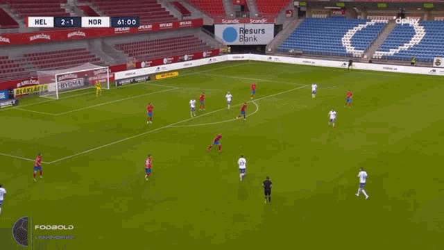 a soccer game is being played in a stadium sponsored by ramlosa and dhl