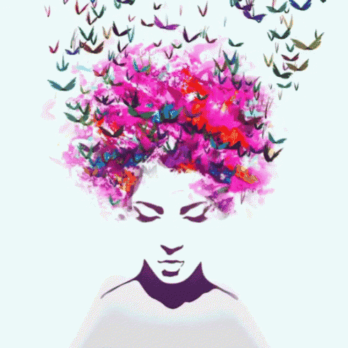 a painting of a woman 's head with birds flying out of her hair