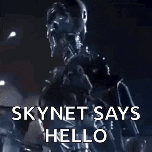 a robot says skynet says hello with a purple light behind him