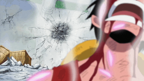 a cartoon of a man with blood coming out of his mouth and a cracked wall in the background