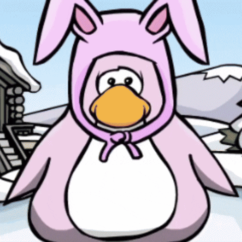 a cartoon penguin wearing a pink bunny outfit