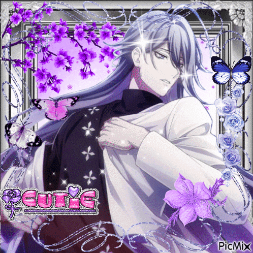 a picture of a man with purple flowers and butterflies with the word picmix on the bottom