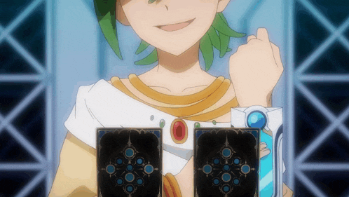 a girl with green hair is holding two cards in her hand