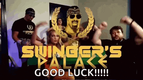 a group of people dancing in front of a sign that says swinger 's palace good luck !!!
