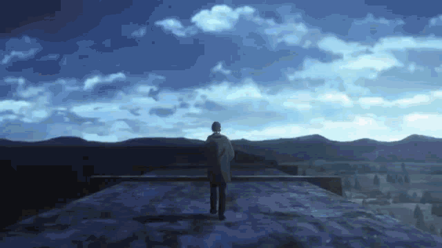 a man is standing on top of a building looking out over a valley .