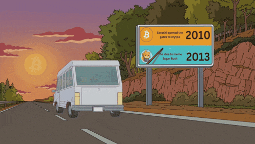 a cartoon of a bus driving down a road with a billboard that says 2010 and 2013