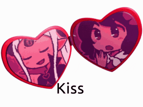 a heart shaped mirror with a picture of two girls and the word kiss below it