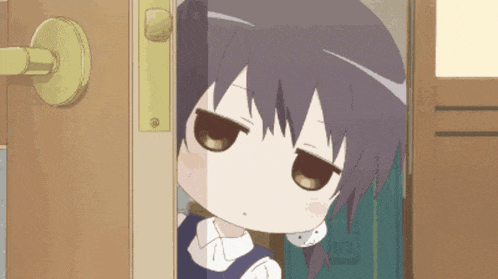 a cartoon girl is peeking out of a door