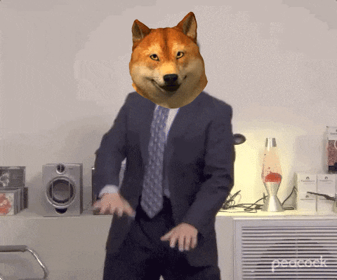 a man in a suit has a dog 's head on his face