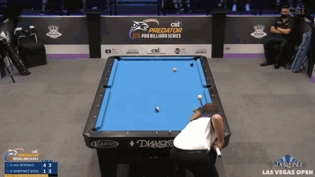 a man playing pool in front of a sign that says csi predator us pro billiard series