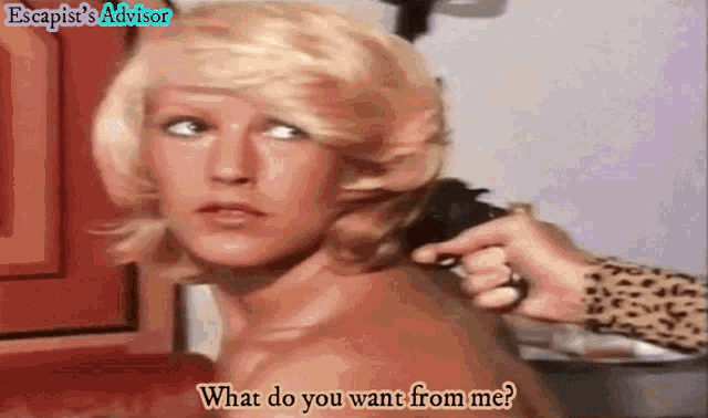 a woman is being shaved by a man with the words escapist 's advisor on the bottom