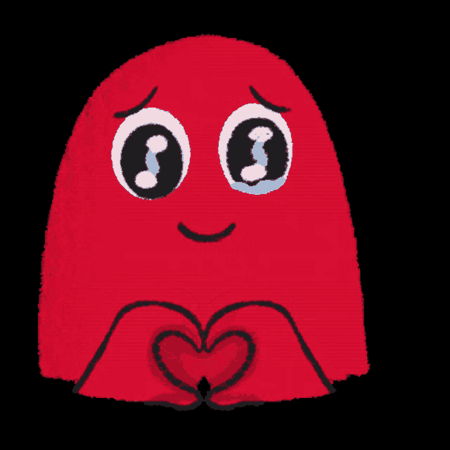 a red cartoon character is making a heart shape with its hands