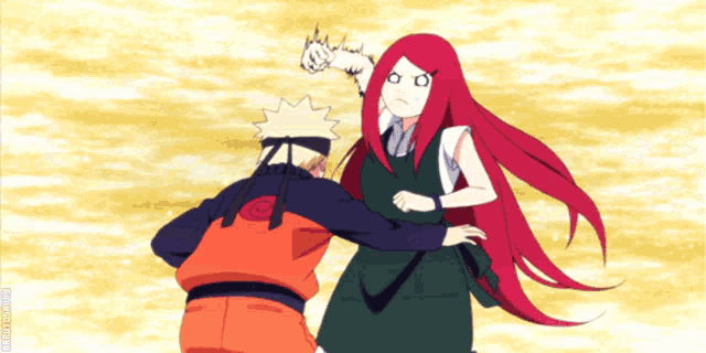 a cartoon drawing of a man and a woman with red hair and the word naruto on the bottom left