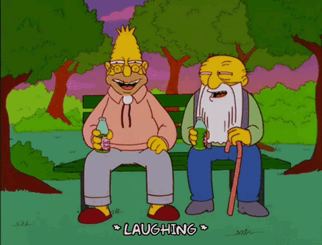 two cartoon characters are sitting on a park bench and one of them is laughing
