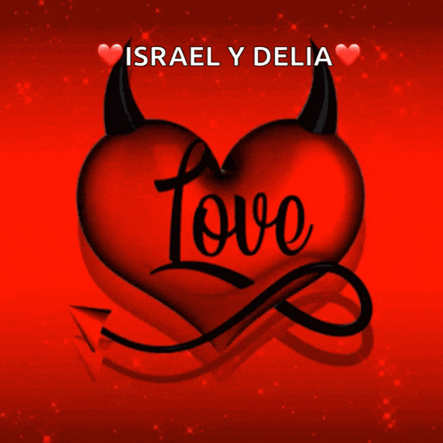 a red heart with horns and a tail and the word love on it