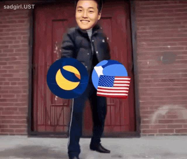 a man is holding a blue moon and an american flag