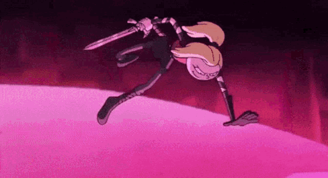 a cartoon character is jumping in the air while holding a sword in her hand .