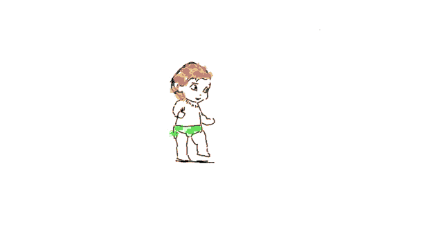 a drawing of a boy wearing green shorts with a flower in his hair