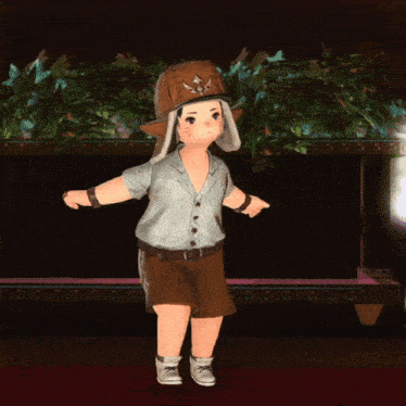 a little boy wearing a hat and shorts is standing in a dark room