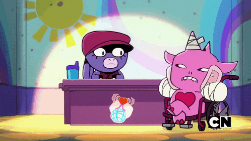 a cartoon character sitting at a desk with the cn logo
